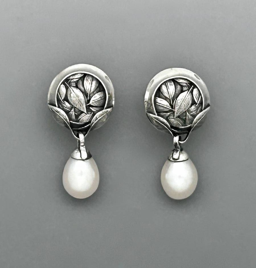 Leaf Swirl Sterling Silver Pearl Drop Earrings