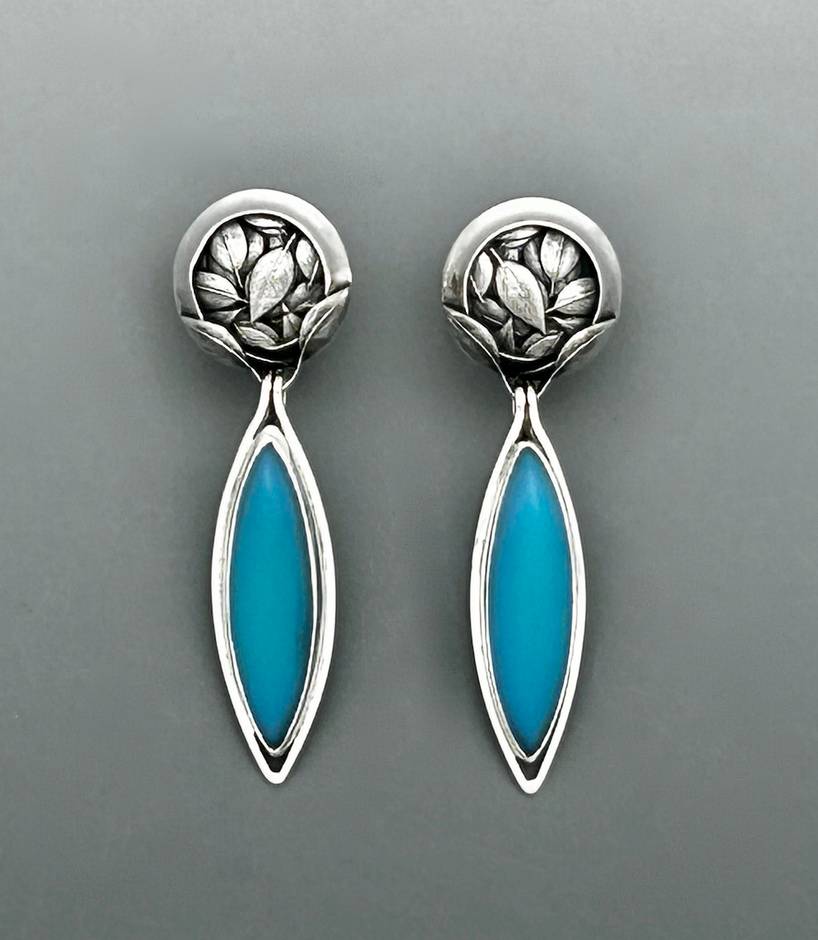 Leaf Swirl with D. Lorenz Cut Blue Chalcedony Navette Drop Earrings