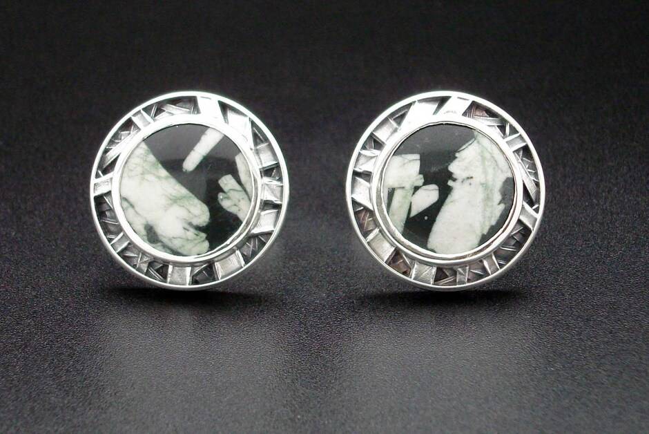 Round Chinese Writing Stone And Sterling Silver Cufflinks