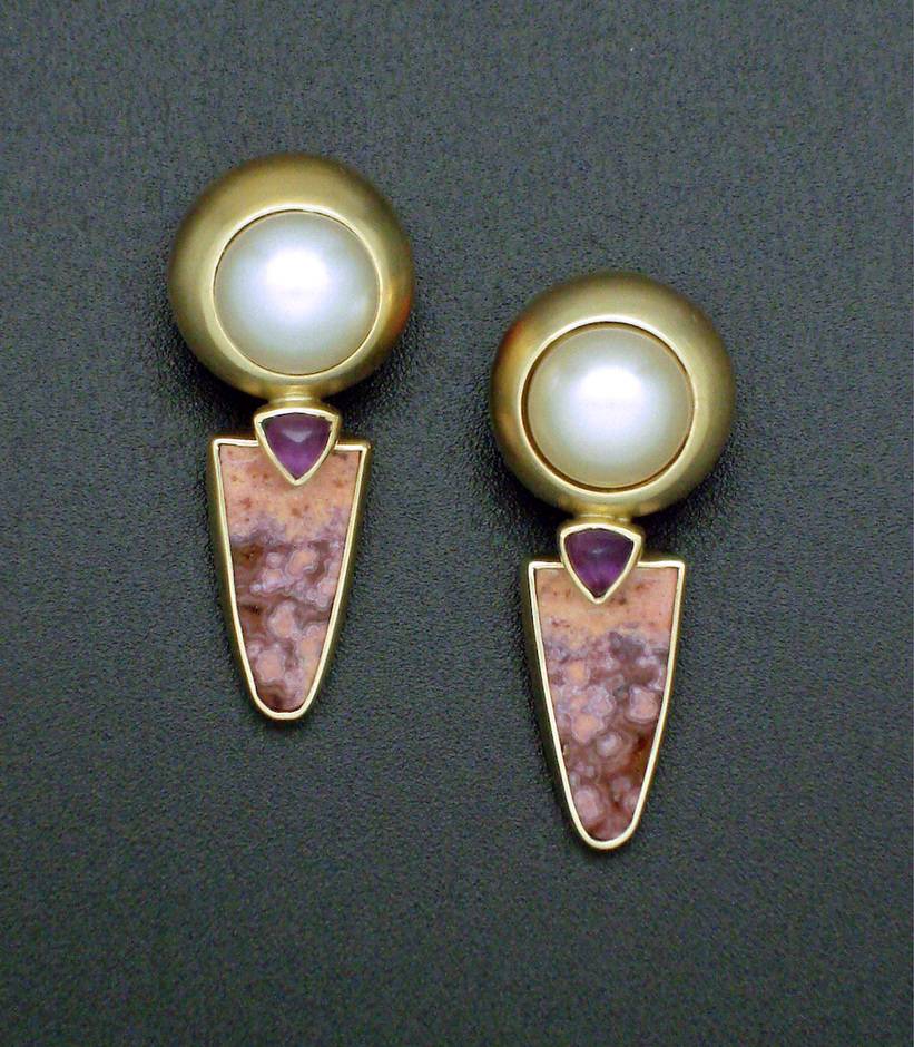 Agate, Amethyst, and Pearl Earrings