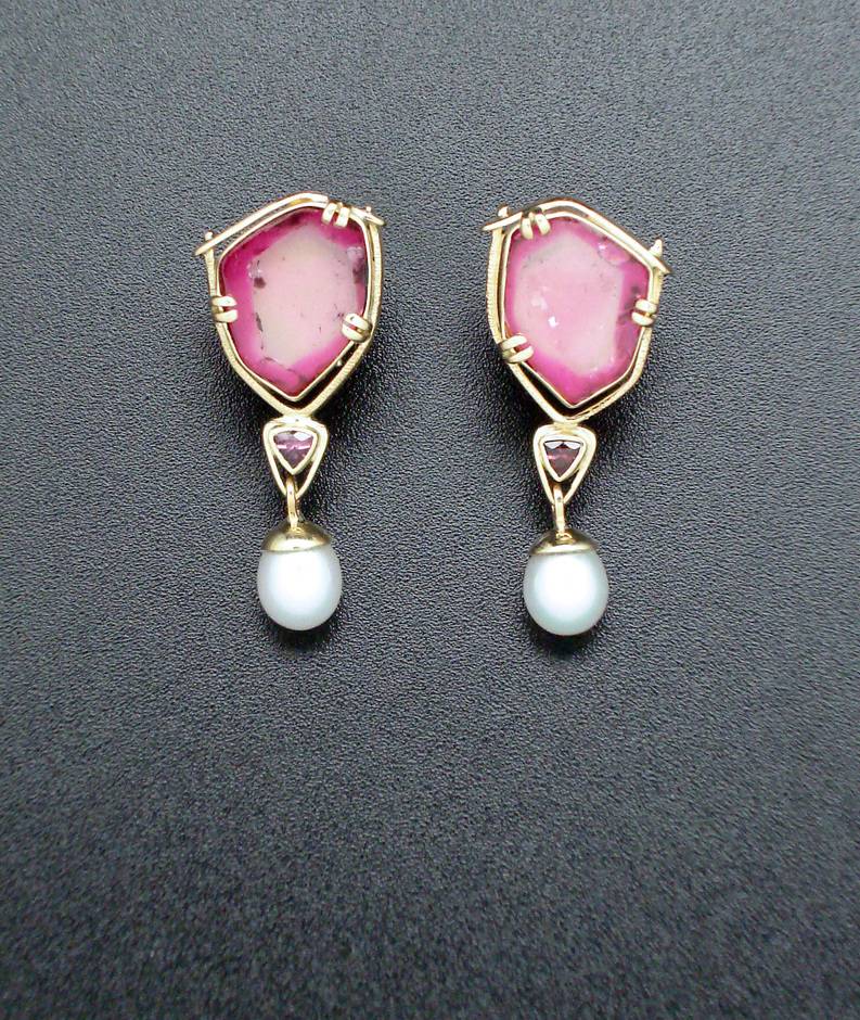 Pink Tourmaline and Freshwater Pearl Earrings