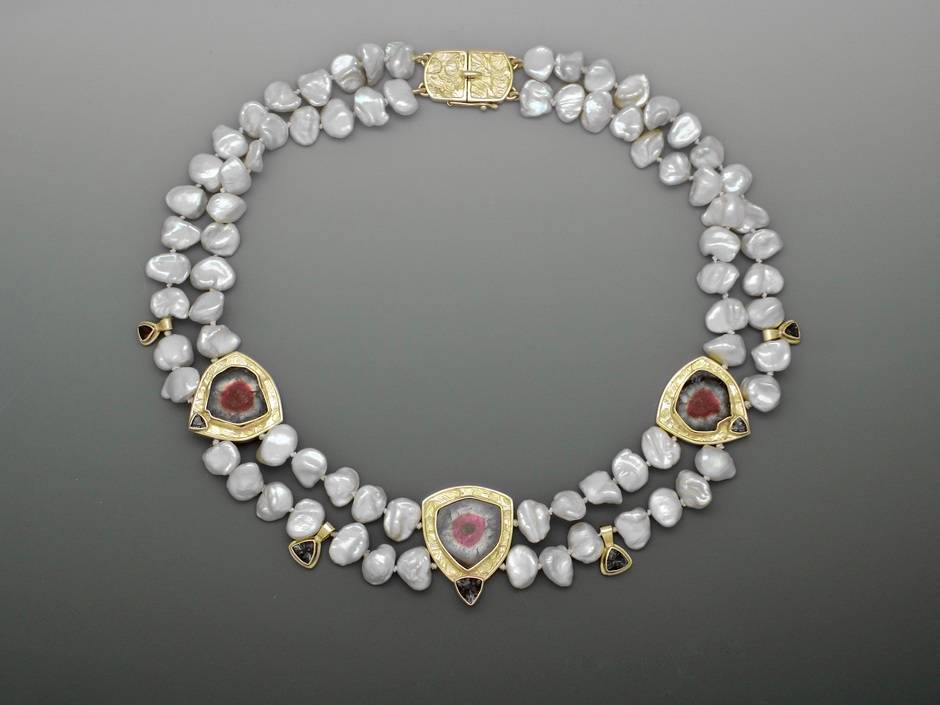 Watermelon Tourmaline and Biwa Pearl Necklace
