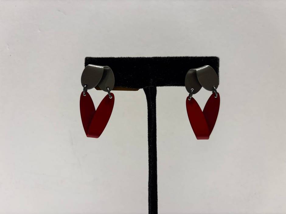 Double Slide Brass Fold Earrings - Slate Grey & Red