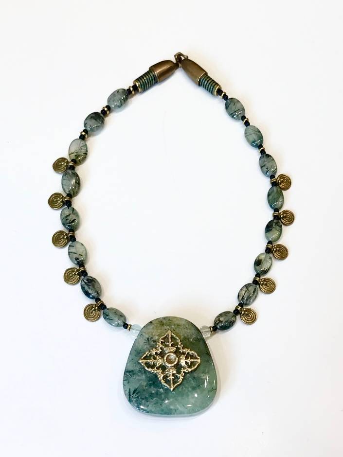 Large Prenite Pendant Necklace with Double Dorje