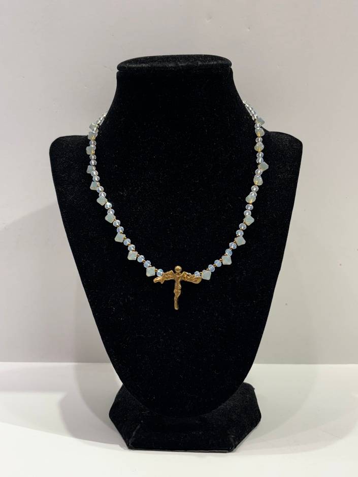 Large Bronze High Heart Angel with Drop Crystals Necklace