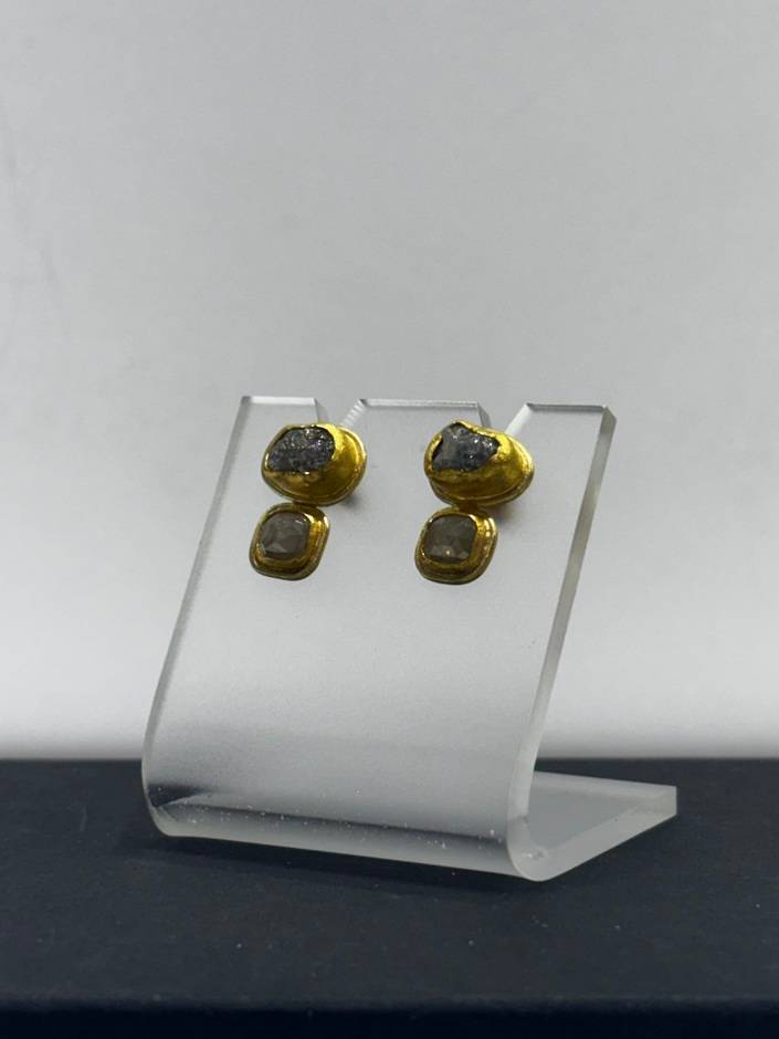 Rough Diamond & Rosecut Diamond Square Earrings