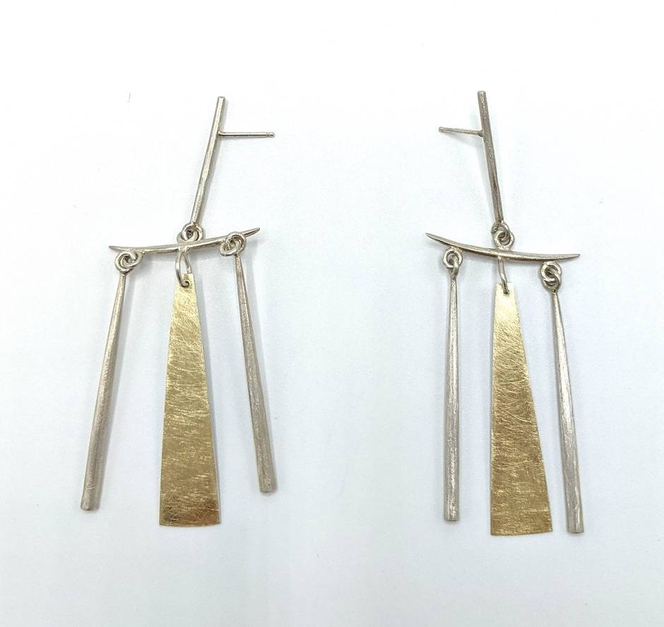 Temple Earrings w/ Long Bi-metal Drop