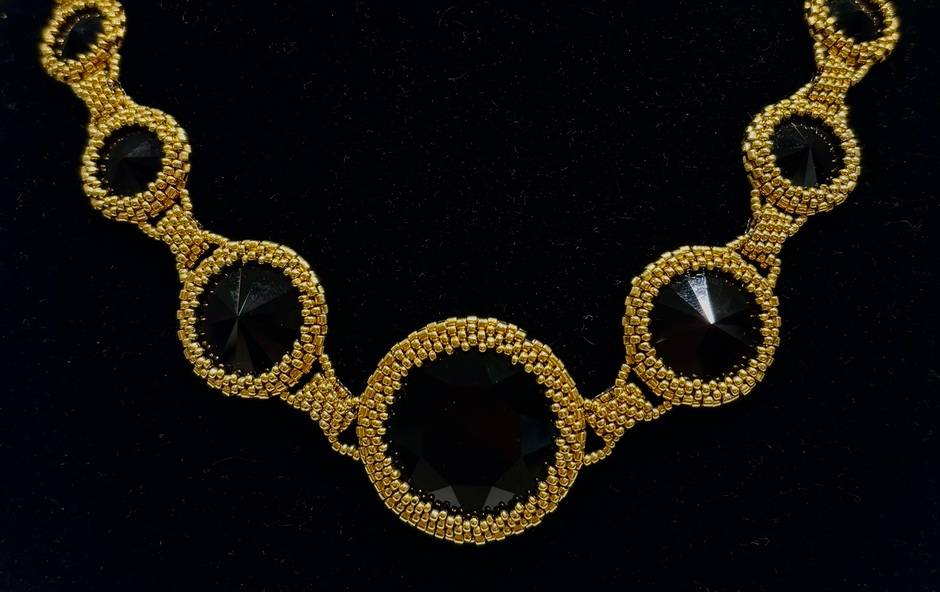 Black Swarovski Crystal and Gold Bead Necklace