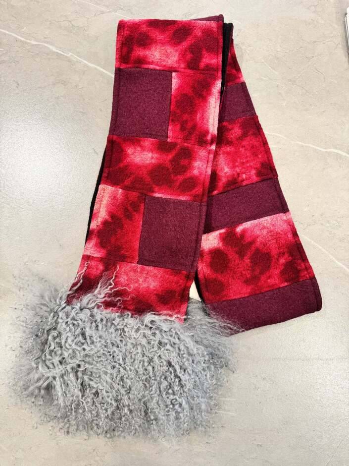 Emi Scarf in Pomegranate Shibori with Gray Lamb Fur