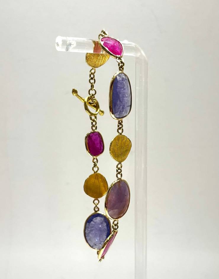 Multi-Colored Gemstone and Gold Leaf Bracelet