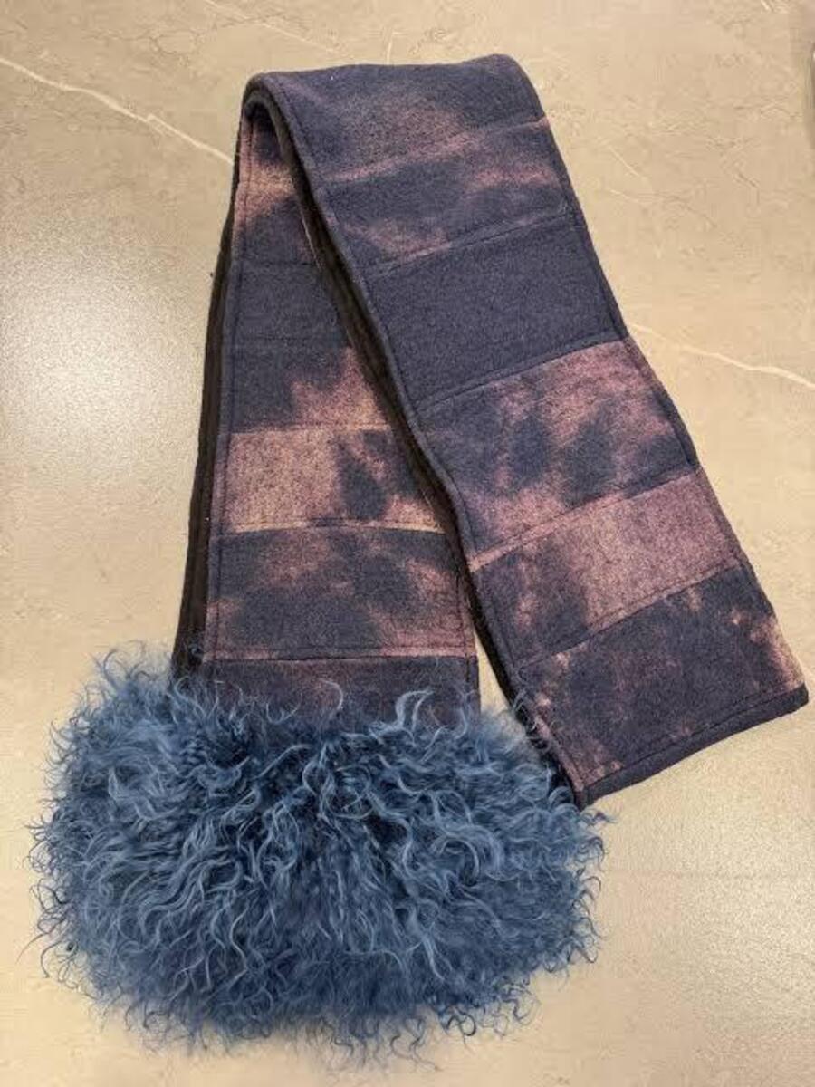 Emi Scarf in Indigo Shibori with Blue Lamb Fur