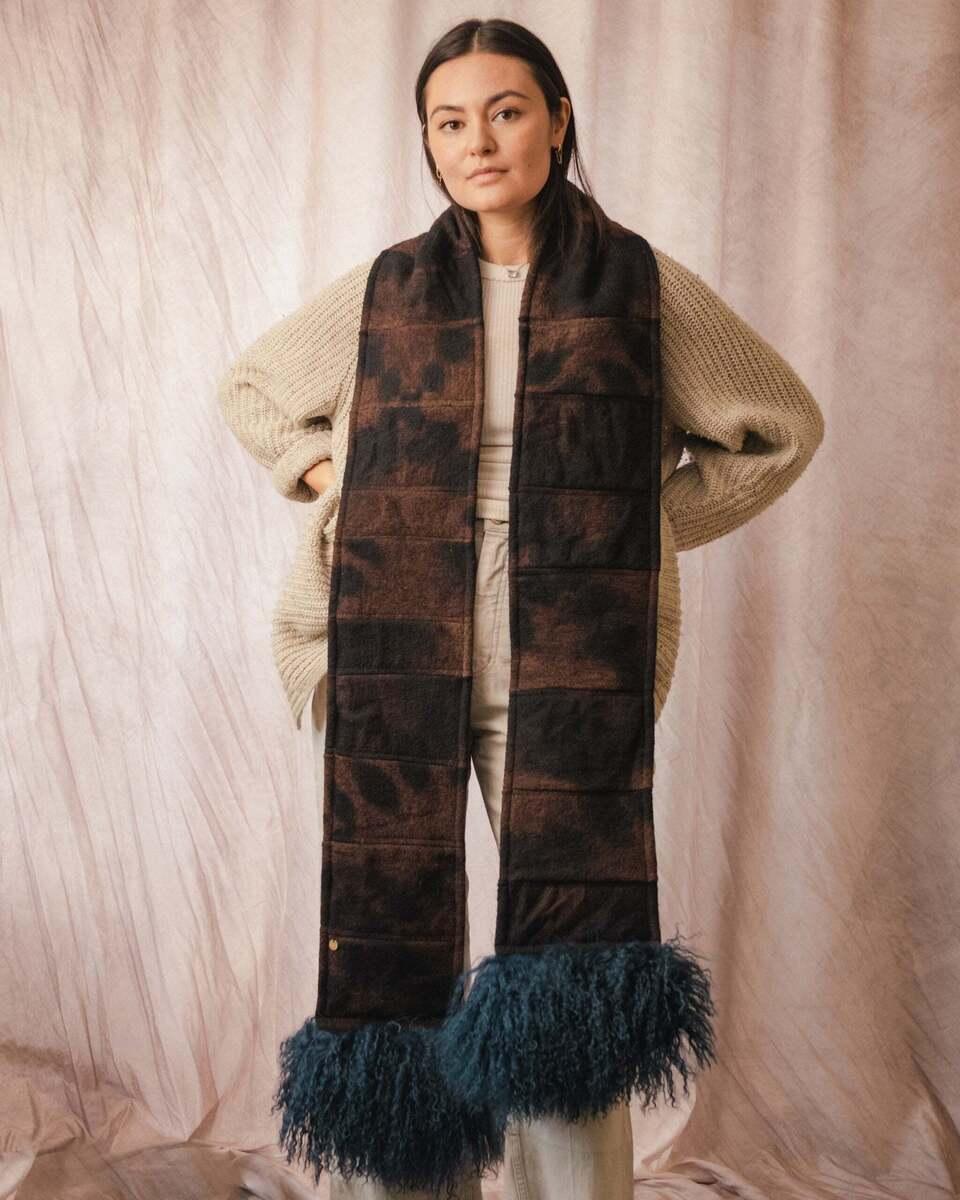 Emi Scarf in Pomegranate Shibori with Gray Lamb Fur, image 2