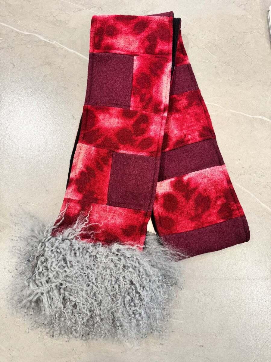 Emi Scarf in Pomegranate Shibori with Gray Lamb Fur