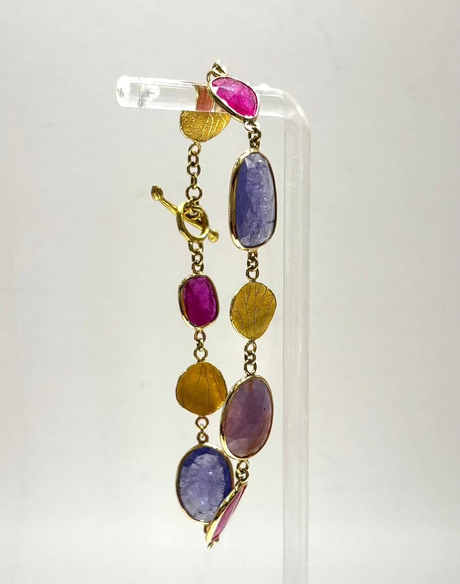 Multi-Colored Gemstone and Gold Leaf Bracelet